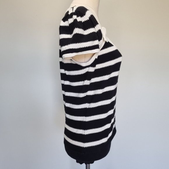 Review Black & White Stripe Bow Detail Cap Sleeve Knit Top Size 14 - Picture 4 of 8